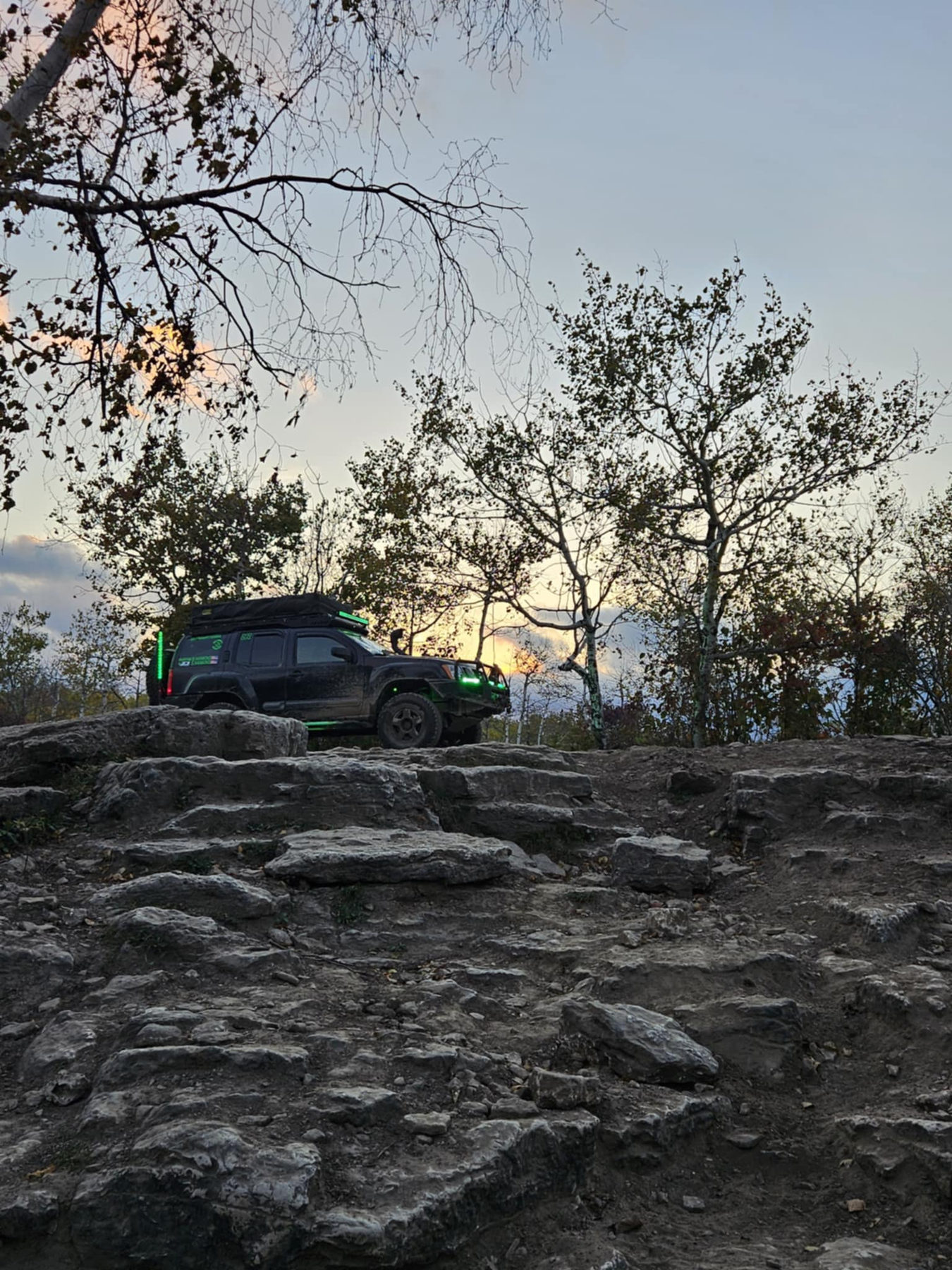 Truck on a limestone shelf at dusk