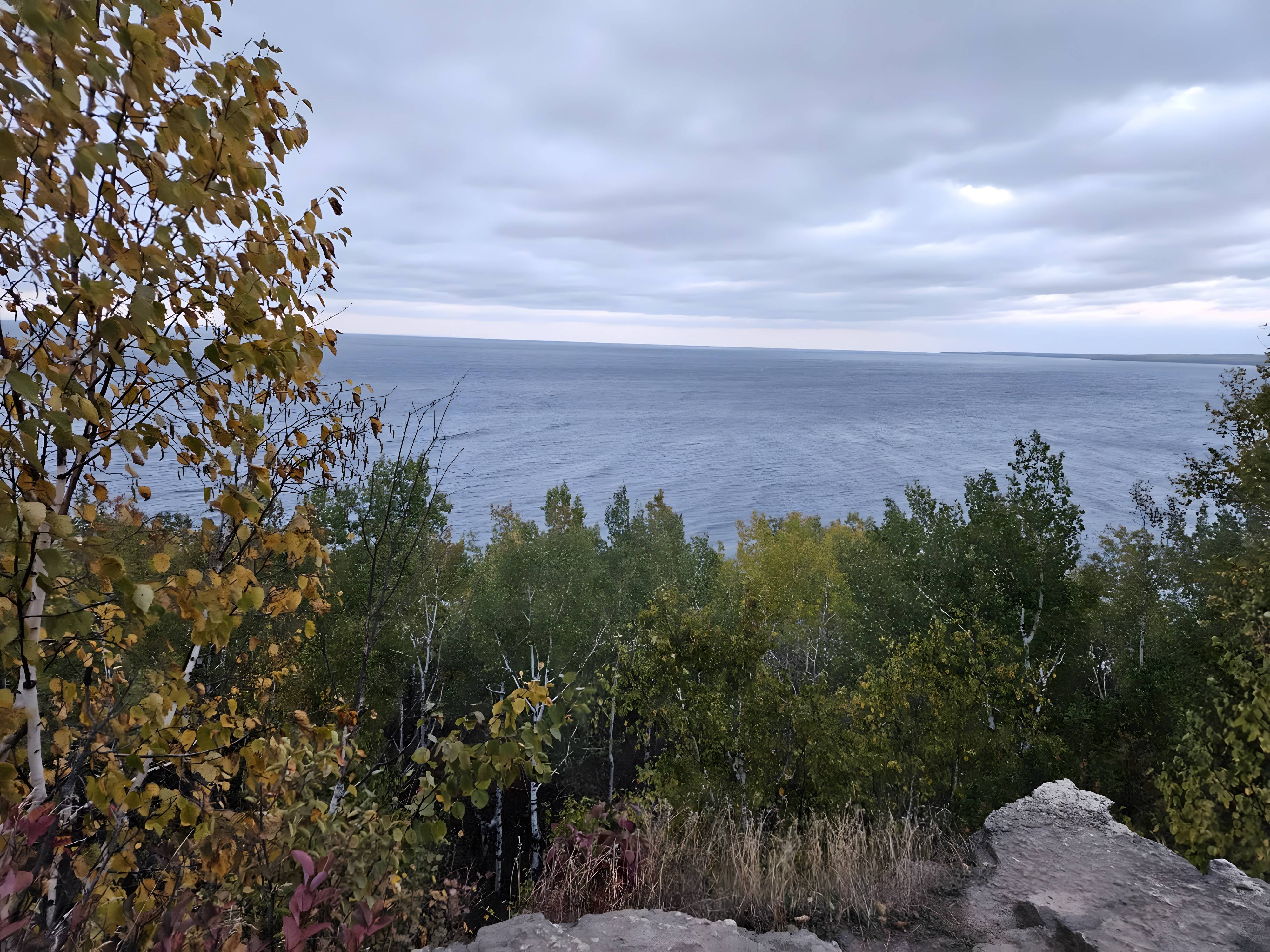 Overlook above the treeline with open water to the horizon